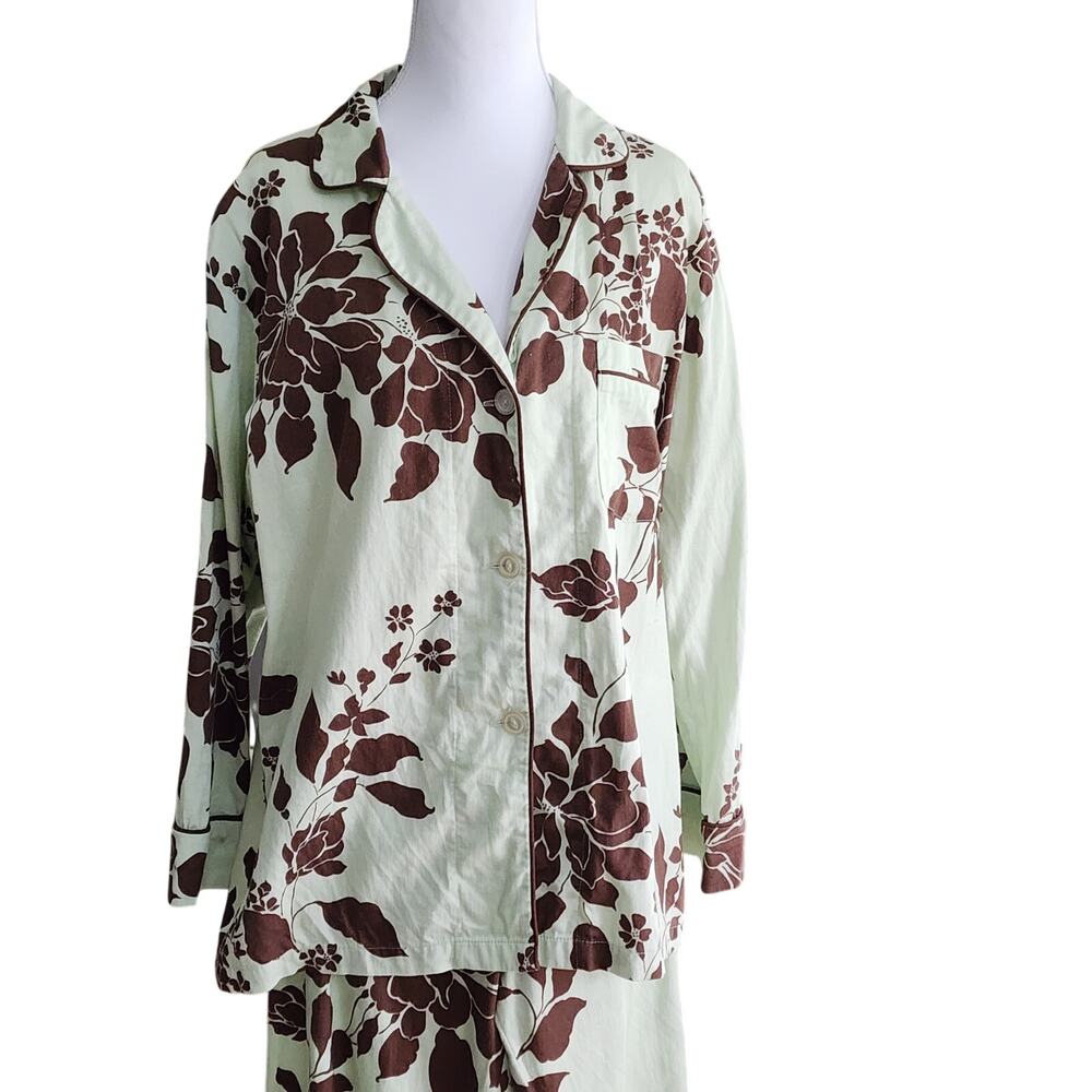 BedHead Pajamas Vintage Pajama Set Mint & Brown Hibiscus Floral Sz Med Y2K